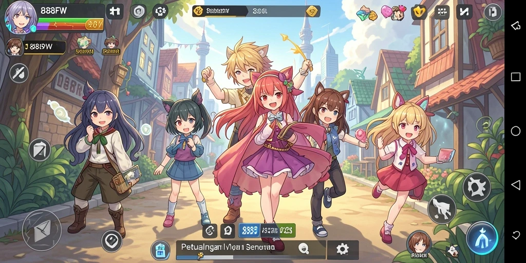 Tampilan gameplay yang epik dalam dunia anime penuh warna.