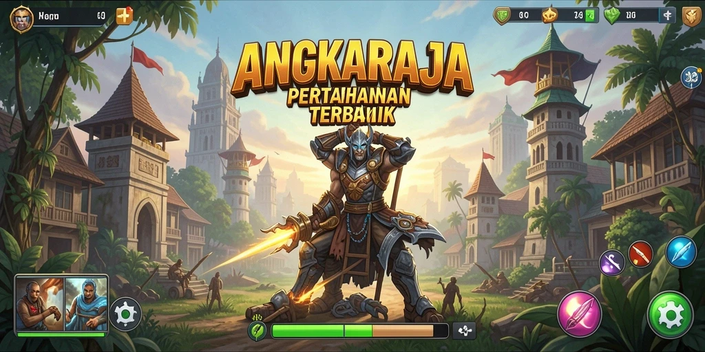 Screenshot gameplay <strong>ANGKARAJA</strong> menampilkan menara dan musuh yang seru.
