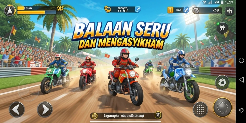 Tangkapan layar utama DKK menampilkan balapan seru di trek menantang.