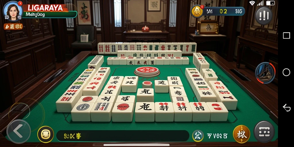 Screenshot gameplay <strong>LIGARAYA</strong> dengan tampilan Mahjong yang indah.