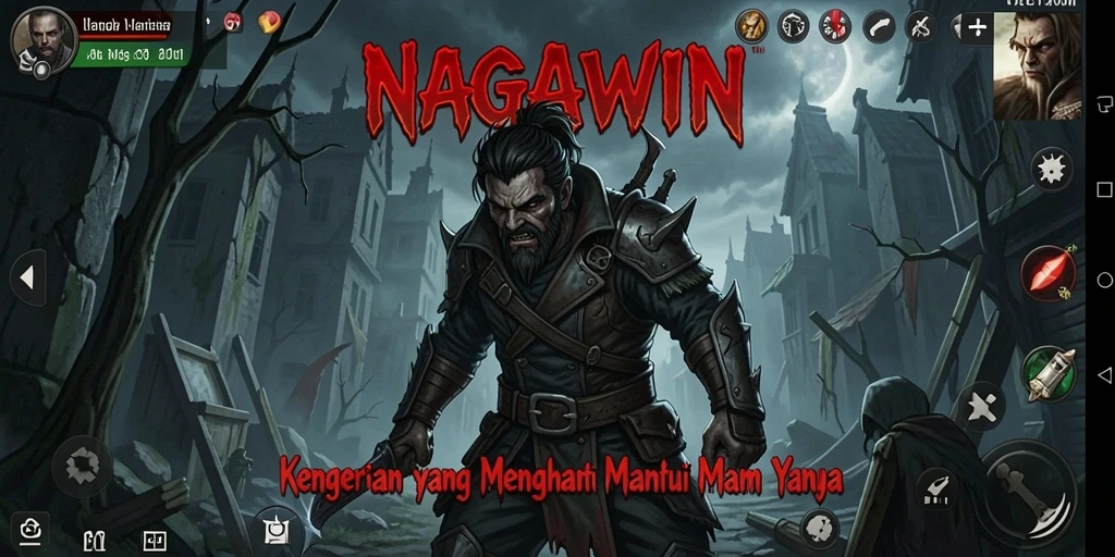 Screenshot gameplay NAGAWIN menampilkan suasana mencekam dan kegelapan yang mendominasi.