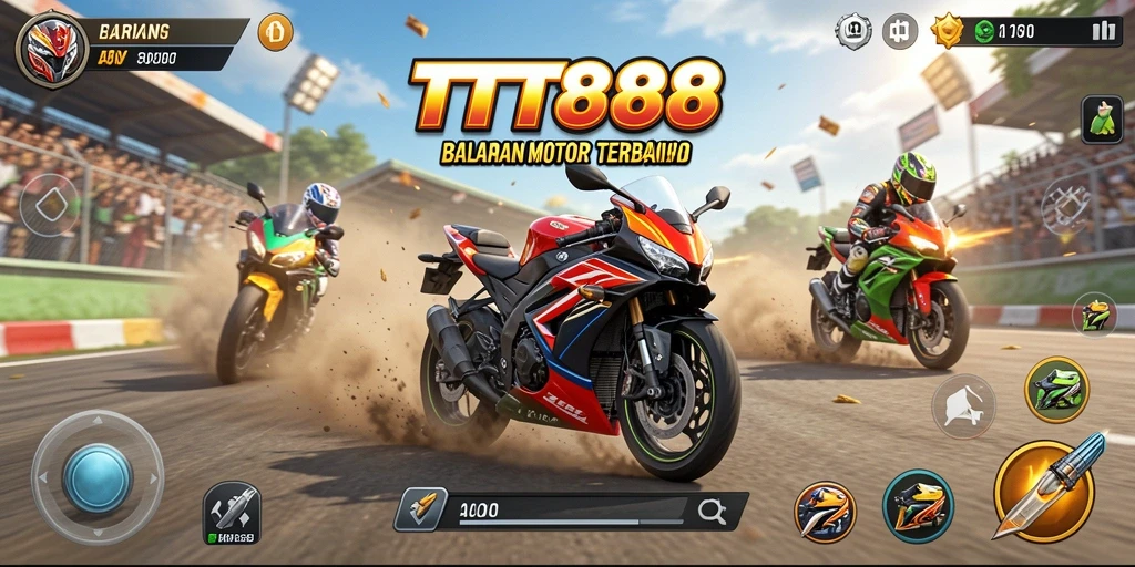 Tampilan gameplay seru TTT888 dengan motor balap di trek menantang.